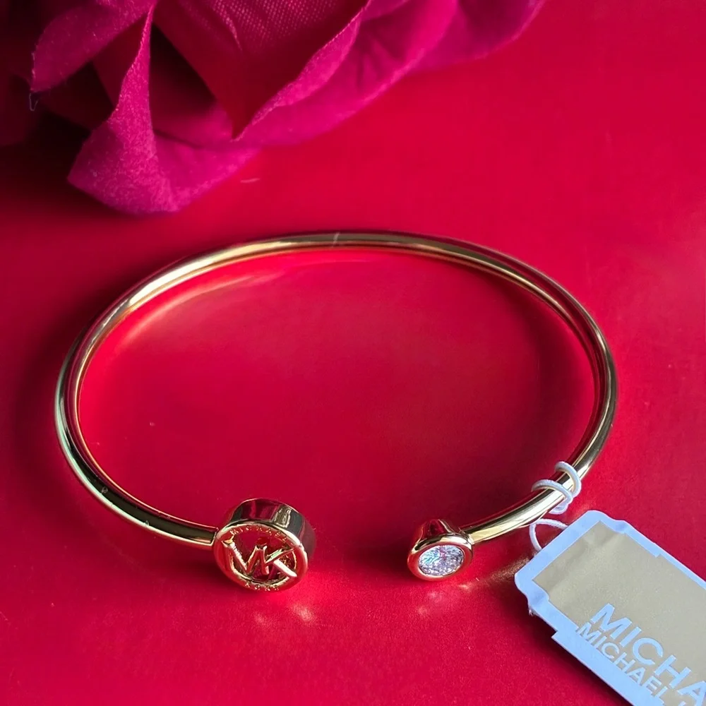 Michael Kors Gold-Tone Open Bangle Bracelet with MK Medallion - Picture 5 of 6